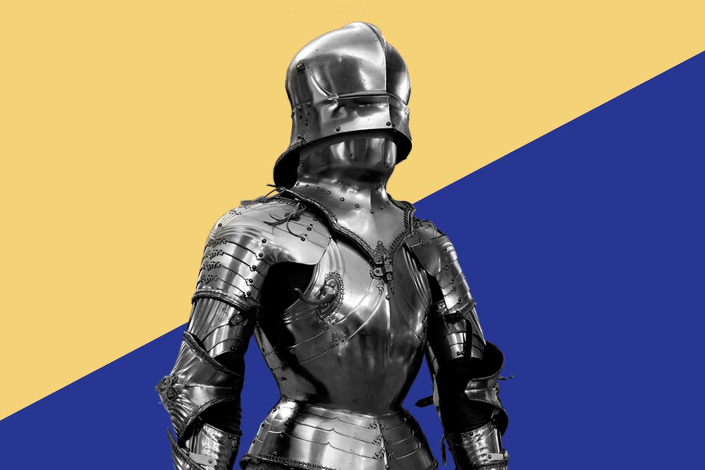 A burnished steel suit of armor worn by Maximilian I, depicted in three-quarter profile over a blue banner slashed with yellow.